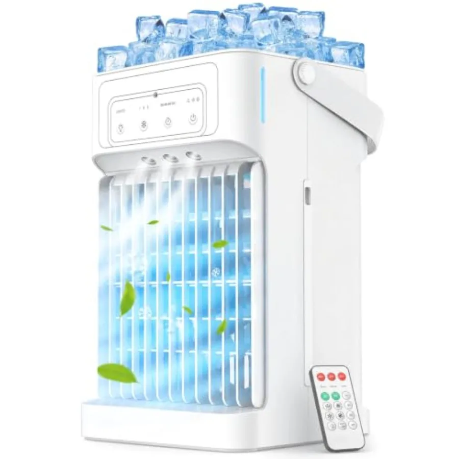Portable air conditioner for bedroom use, ABS plastic body, white color, 3 speeds 3 mist settings with 40oz XL water tank, time
