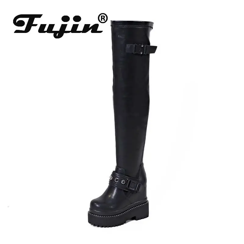 

Fujin 12cm Genuine Leather Platform Wedges Over Knee High Boots ZIP Woman Fashion Modern Hidden Heel Spring Autumn Shoes Plush