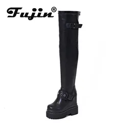 Fujin 12cm Genuine Leather Platform Wedges Over Knee High Boots ZIP Woman Fashion Modern Hidden Heel Spring Autumn Shoes Plush