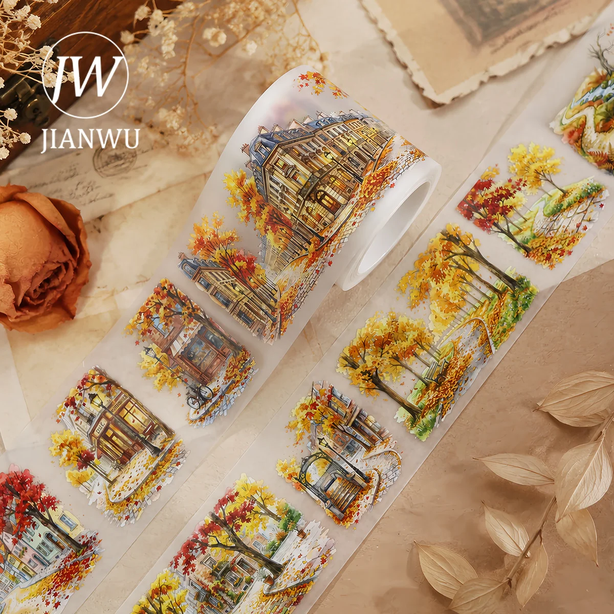 JIANWU 70mm*200cm Vintage Autumn Tree Street Landscape Material Collage Scrapbooking PET Tape Creative DIY Journal Stationery