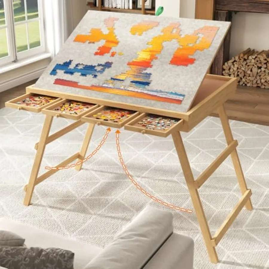

Folding puzzle table for adults, MDF wood, walnut brown, 27.5 H with drawers, 34 x 26 board, 4 adjustable tilting angles, porta