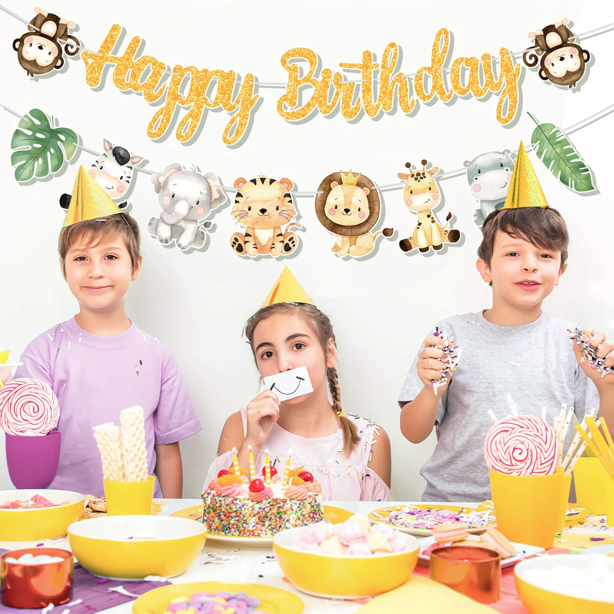لافتة حيوانات Jungle Safari لتزيين حفلات أعياد الميلاد السعيدة للأطفال، ديكور عيد ميلاد واحد، مستلزمات حفلات إكليل معلقة