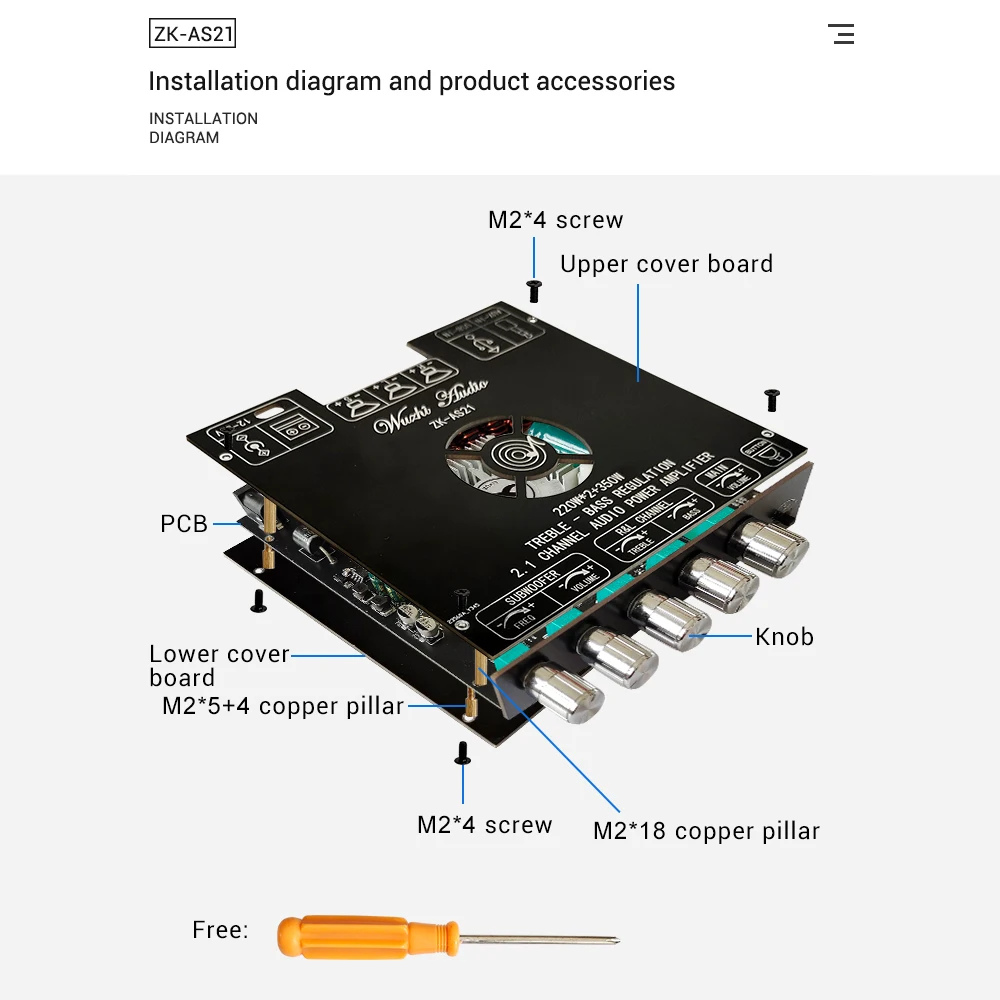 ZK-AS21 TPA3255 220WX2+350W 2.1 Channel Bluetooth Digital Audio Power Amplifier Board High Low Tone Subwoofer Amplifier Module