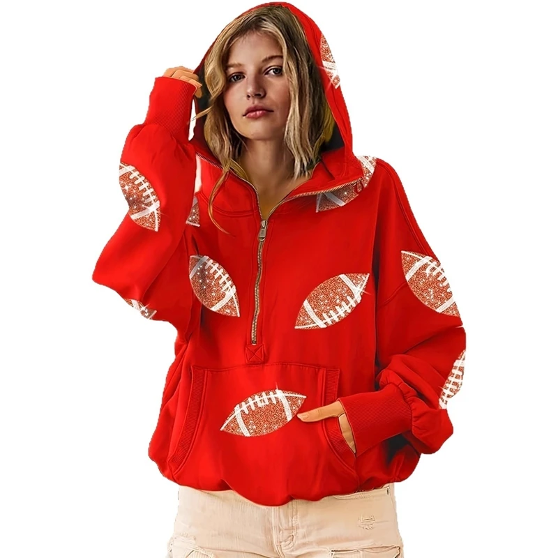 Women Soccer Digital Print Hoodie Zip Up Long Sleeve Casual Pullover Sporty For Women Teens Game Day Streetwear Birthday Gift