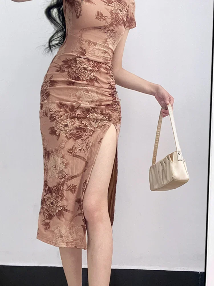 Retro Cheongsam Summer High Slim Elegant Flower Long Maxi Dress Hot Sexy Korean Women Tops 2022 Robe Sweet 45I4