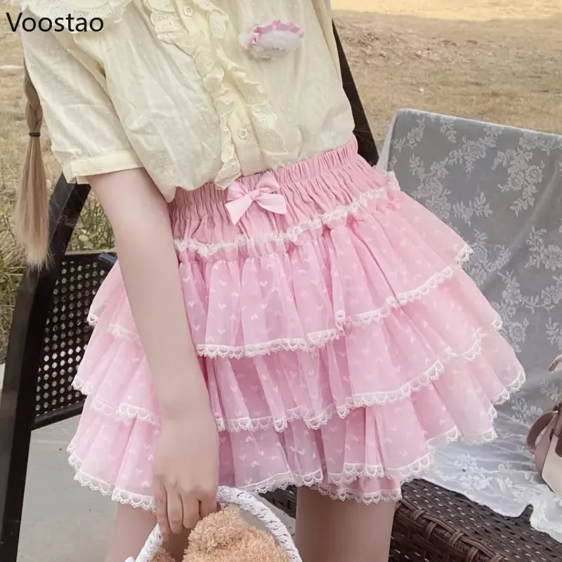 Sweet Lolita veiligheidsshorts roze meisjes Kawaii kant mesh ruches ondergoed Japanse Harajuku gotische boog elastische taille JK bloeiers