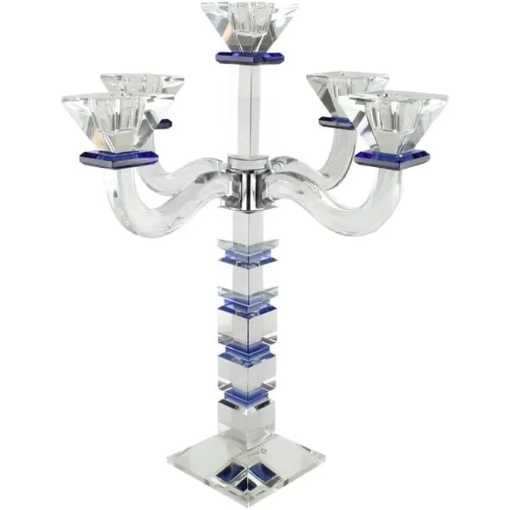 Crystal Candelabra Square Design 5 Arm Candle Holder (Blue)