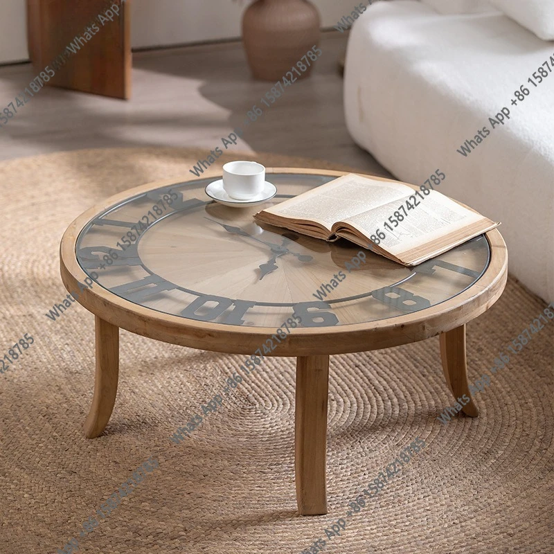 Medieval style living room creative clock coffee table with glass Japanese solid wood sofa edge few cafe retro small round table
