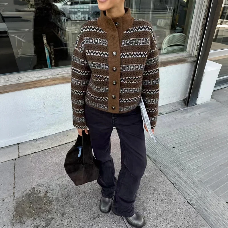 

Autumn Winter Commute Style Mixed Knitted Short Jacket Women's Stand Collar Geometric Pattern Long Sleeve Regular Fit Coat
