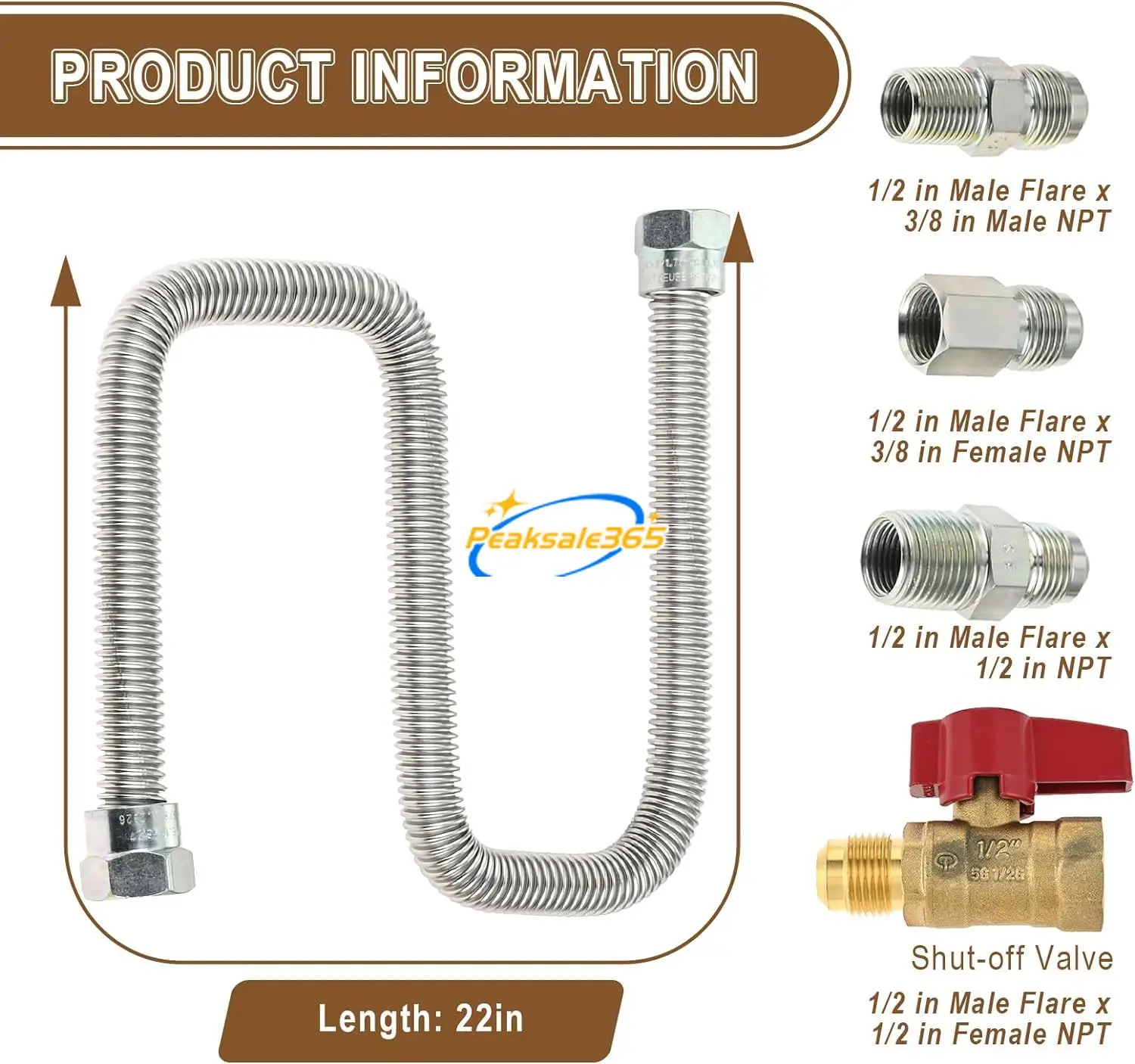 ท่อต่อแก๊สโพรเพนและก๊าซโพรเพนสแตนเลสแบบยืดหยุ่น1/2 "id x 3/8" OD NPT fare fare ทองเหลือง22"