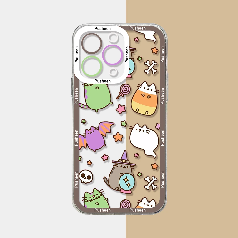 Funny Cute Pusheens Cat Phone Case For iPhone 15 14 13 12 11 Mini Pro Max X XR XSMax 6S 6 7 8 Plus SE20 Transparent Cover