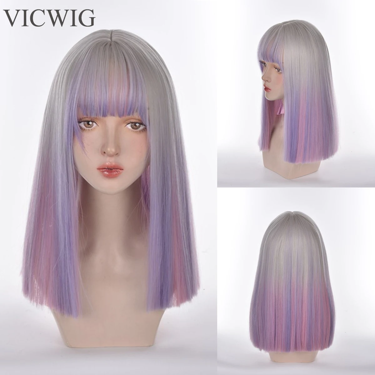 

VICWIG Female Medium Long Synthetic Wig Cosplay Lolita Natural Gradient Green Purple Pink Color Student Soft Girl Straight Bangs