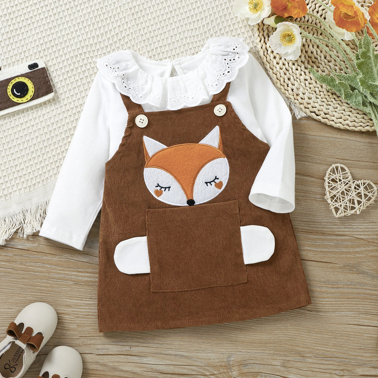 

Повседневное платье с длинными рукавами и вышивкой лисы для девочек и воротником, весенне-осенний удобный наряд для малышей, искусственный дизайн из двух предметов