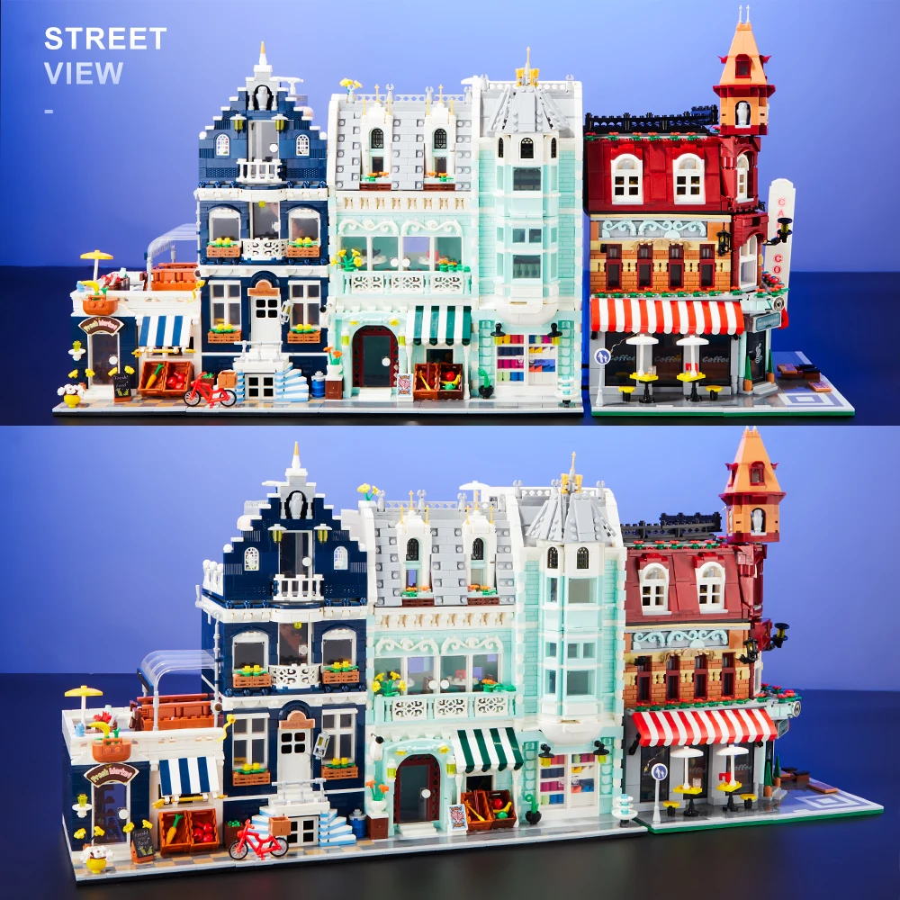 1948 mini Bricks】Street View Cafe Corner Fresh Market House Building Blocks modello modulare Desk Decoration Assembly giocattolo per bambini per