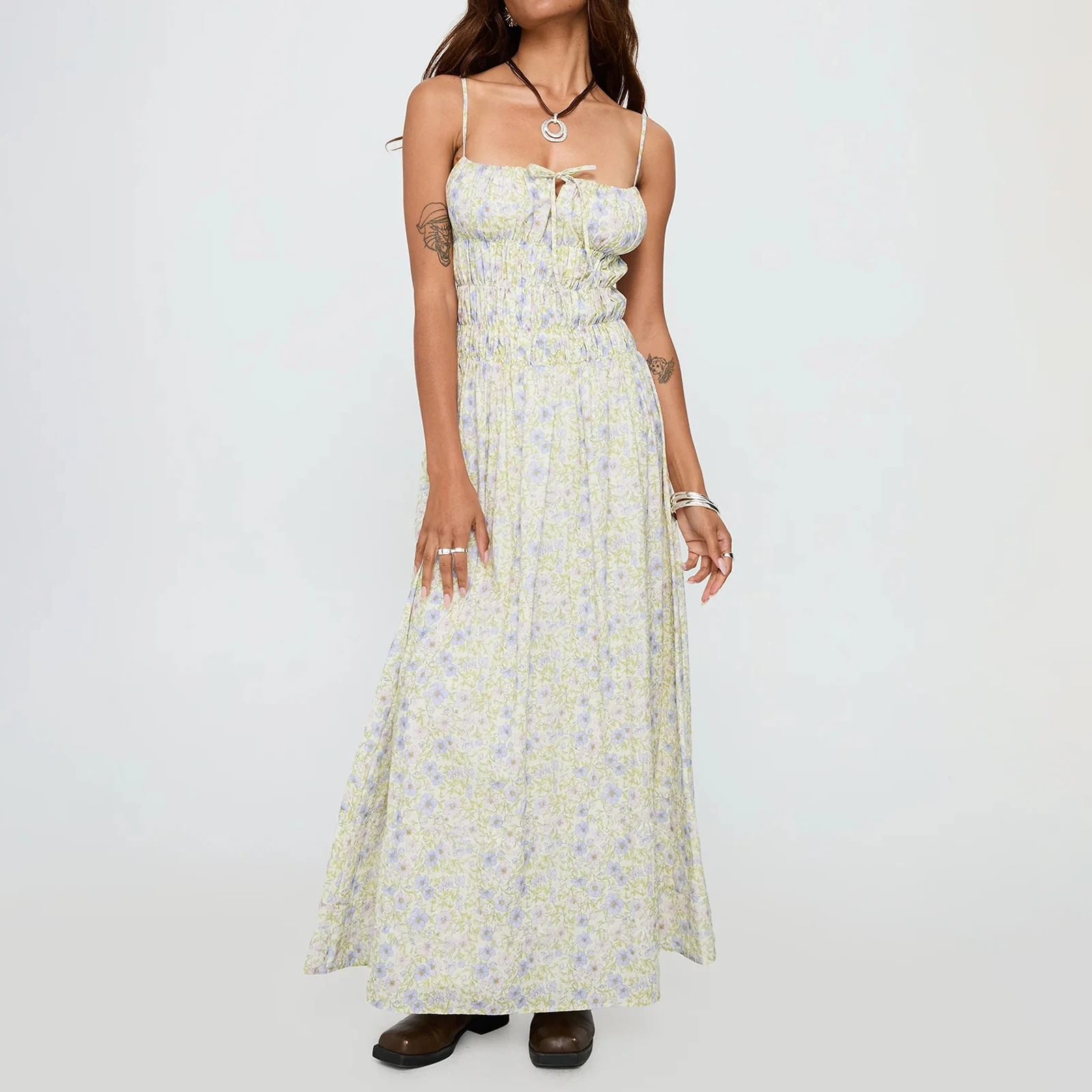 Women's Smocked Long Dress Spaghetti Strap Stripes Floral Print Dress For Beach Vacation Summer Party Daily Wear Streetwear