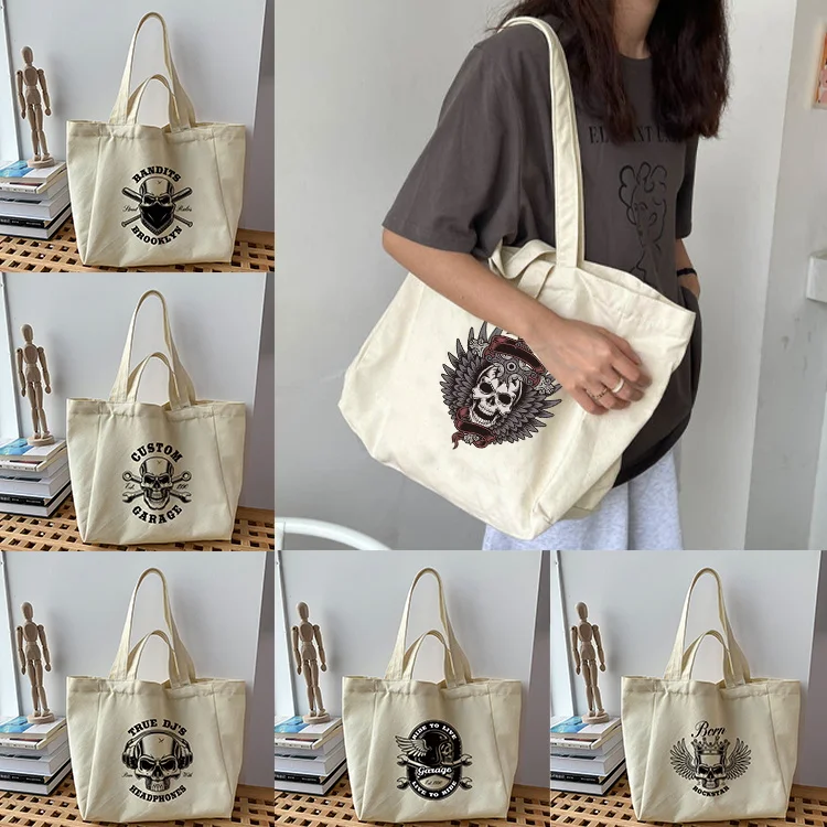 Fashion Multi-use Canvas Tote Skull Print Women Casual Handbag Grocery Market Shopping Shoulder Bag