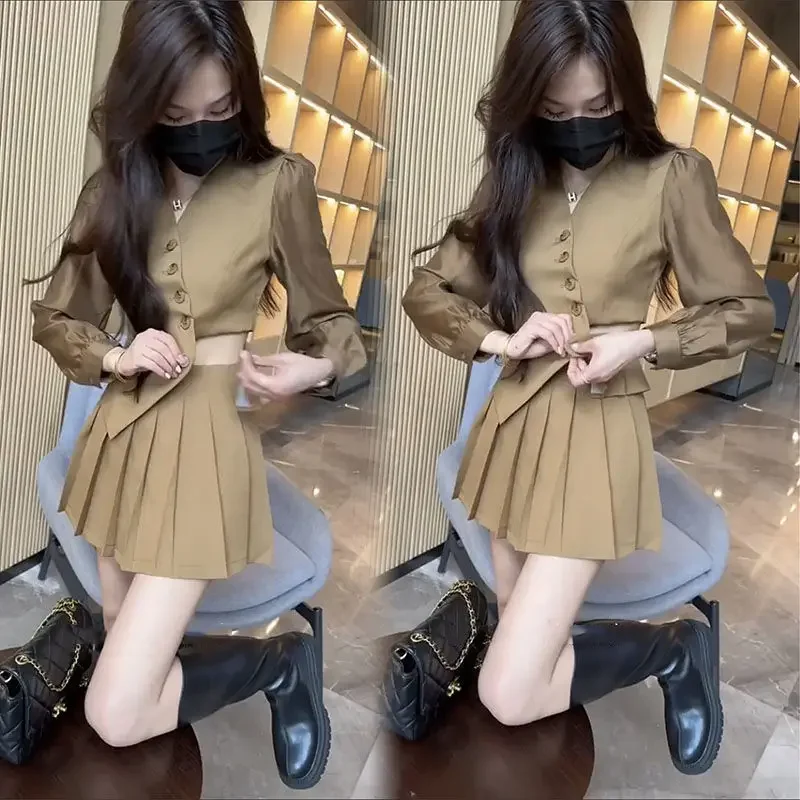 Skirt 2 Pieces Sets for Women Pleated Woman Outfit Long Sleeve Sexy Office Formal Event Summer Fashion 2024 Vacation Korea Full