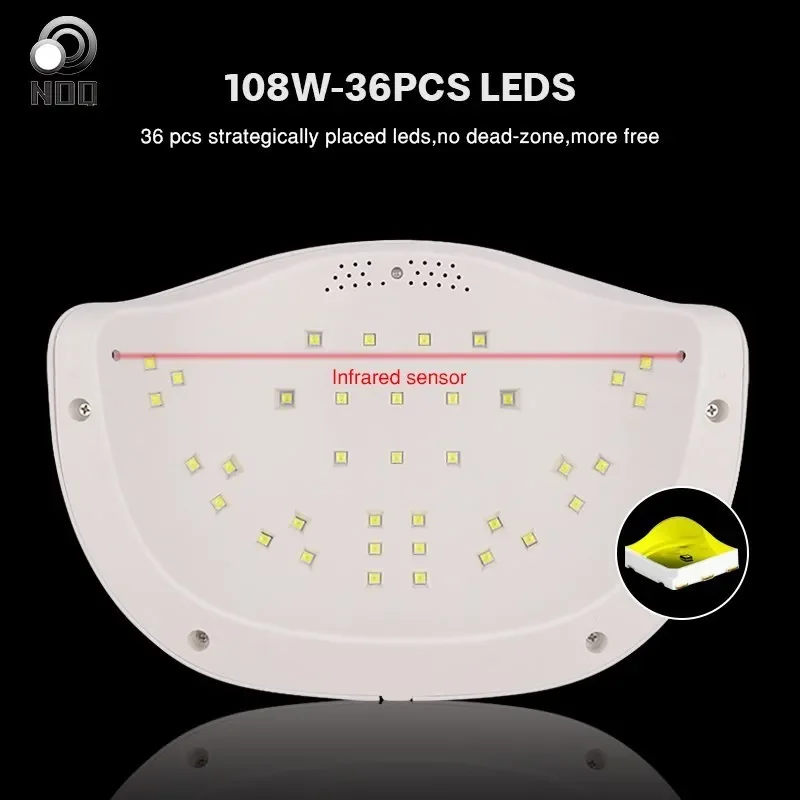 مصباح led بالأشعة فوق البنفسجية Noq لمجفف الأظافر ، 36 مصباح led ، لطلاء الأظافر ، طلاء جل ، حجم كبير ، أيدي مزدوجة ، أبيض