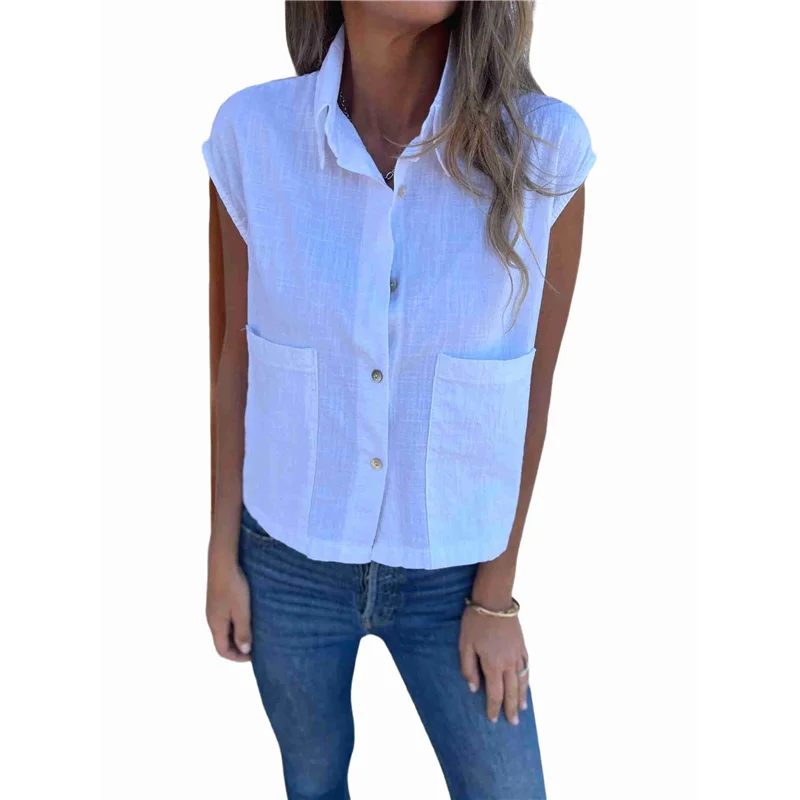 

Intuitive Women Button Down Shirt Cotton Linen Short Sleeve V Neck Blouse Summer Loose Blouse Casual Tops