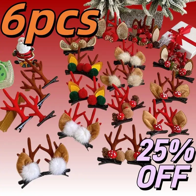 

Cute Christmas 6pcs Deer Antler Hair Clip Children Festival Decoration Headwear Accessories Friends Girls Gifts Hairpin Trinket