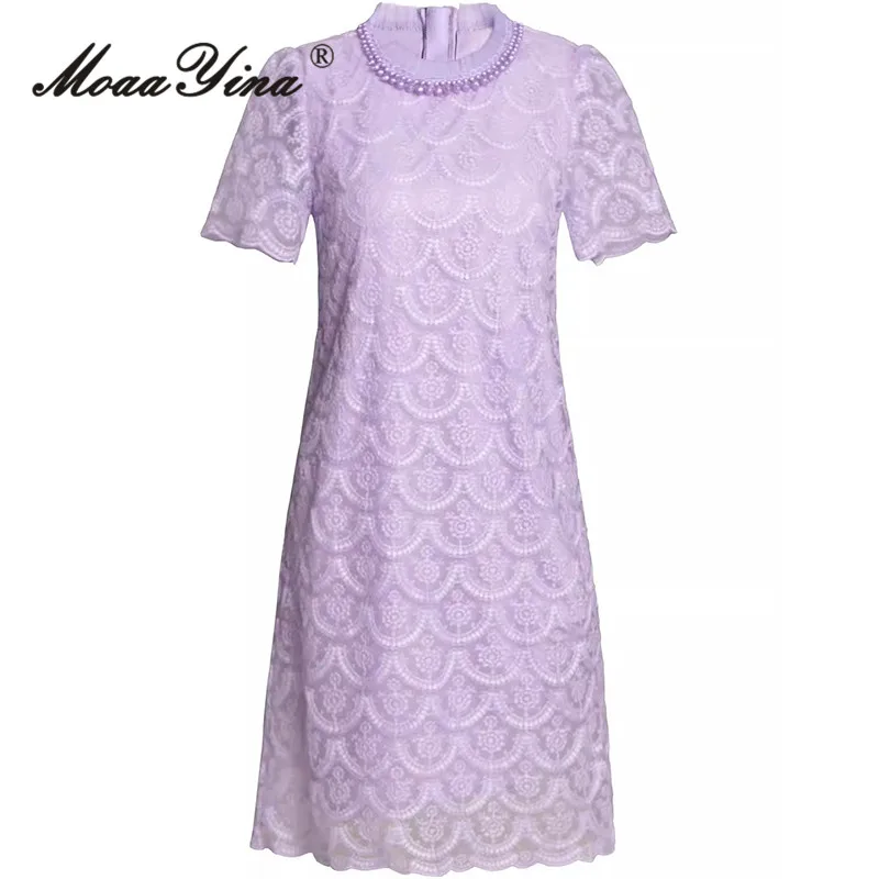 MoaaYina Fashion Design Summer Women's Streetwear Dress Short-Sleeved Beading Lace Lilac Colour Loose Waist Dresses