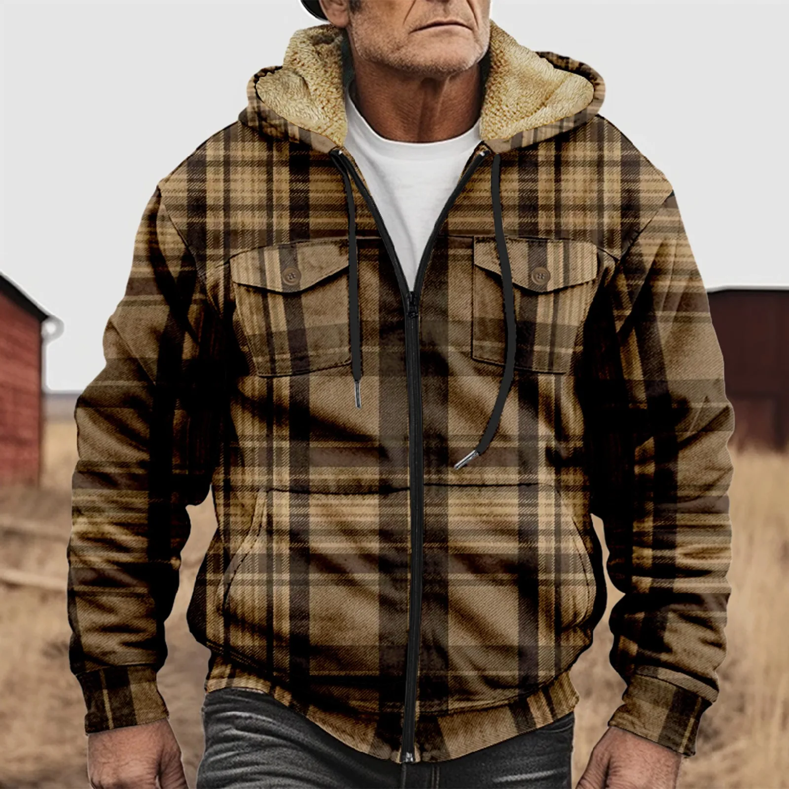 Chaquetas cálidas de forro polar grueso para hombre, abrigos abotonados con cuello vuelto y estampado de patrón Vintage, ropa de abrigo para