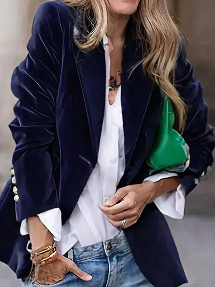 

Female Casual Lapel Long Sleeved Office Jacket Vintage Solid Color Single Button Outerwear 2025 Autumn Gold Velvet Blazer Coat