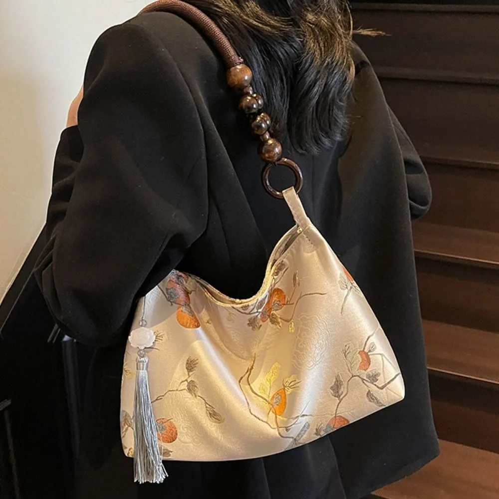 

Chinese Style Flower Underarm Bag Large Capacity Printed Embroidery Shoulder Bag Tote Bag Wooden Beads New Chinese Style Handbag