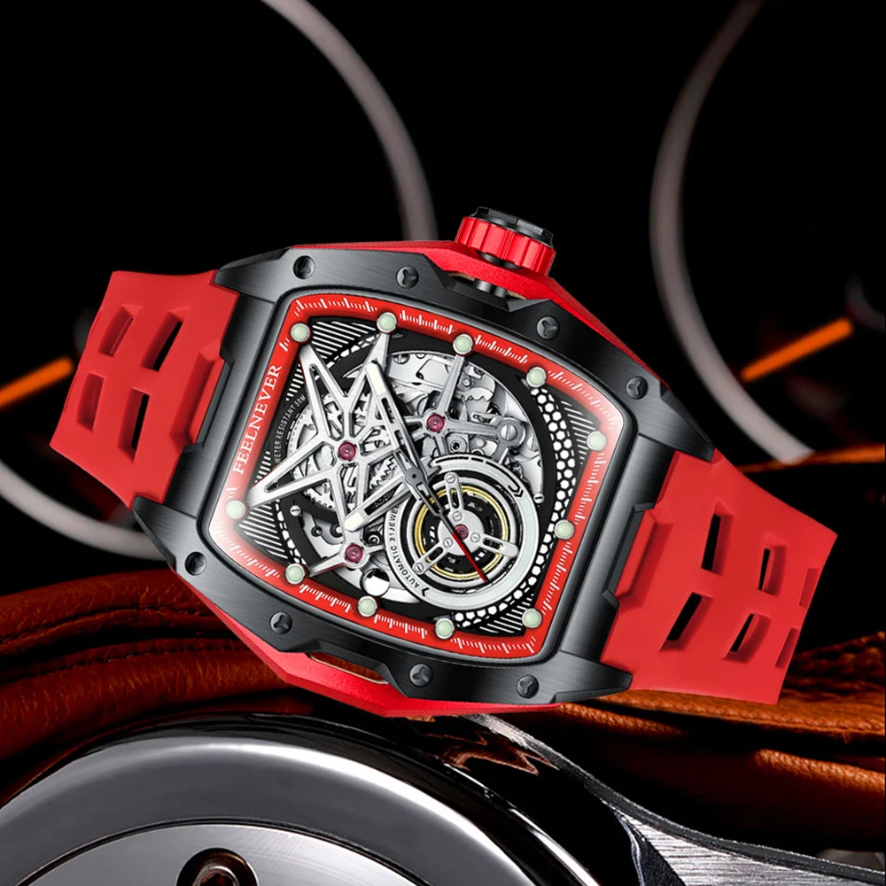 FEELENEVER Design LIGE Men Automatic Watch Skeleton Mechanical Wristwatch Stainless Steel Case Sapphire Crystal Waterproof Watch