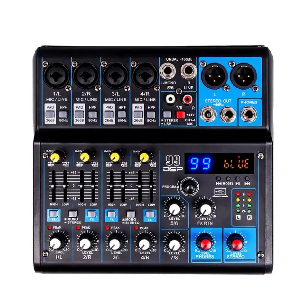 Mixeur multifonction 99DPS avec effet de réverbération, Bluetooth, USB, EQ, 48V, mixeur professionnel, 12 canaux