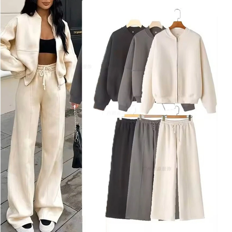 

Осенний новый трансграничный европейский и американский бархатный однотонный кардиган на молнии, свитер, женские трендовые модные повседневные брюки