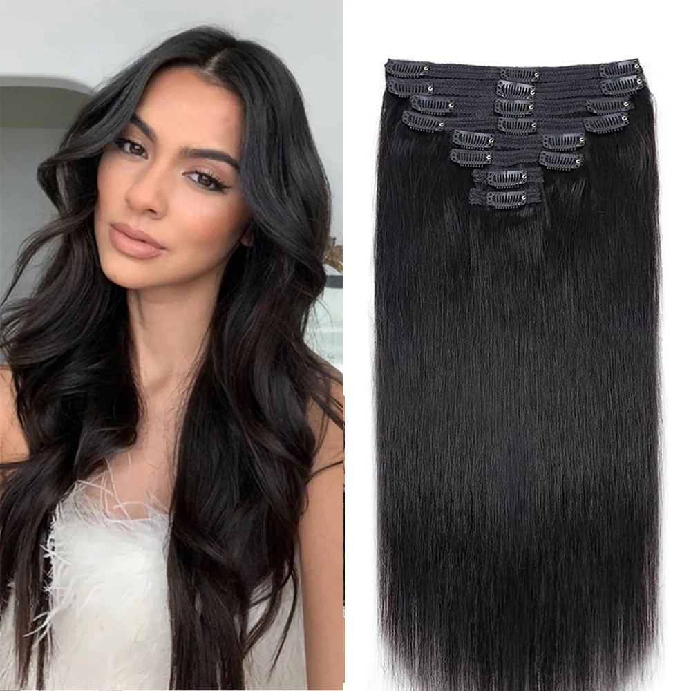 Clipe reto brasileiro em extensões de cabelo para mulheres, 100% cabelo humano, clipe sem costura em extensões de cabelo, cor natural, 120g, 8pcs