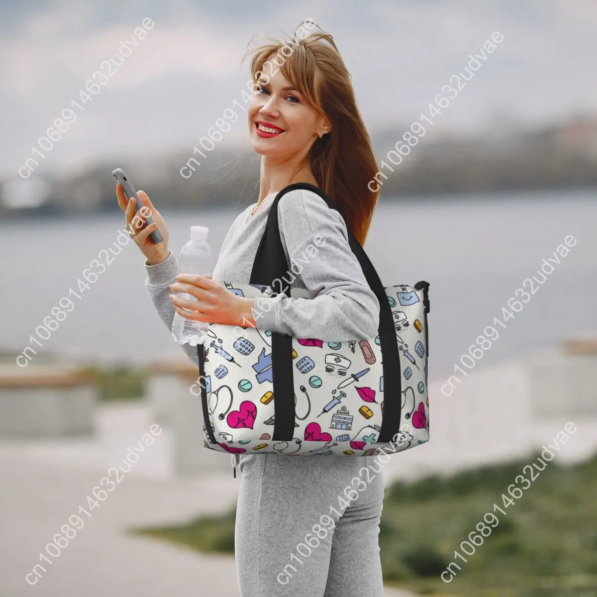Custom Nursing Pattern Nurse Beach Tote Bag for Women Health Care Big Compartment Gym Beach Travel Bags