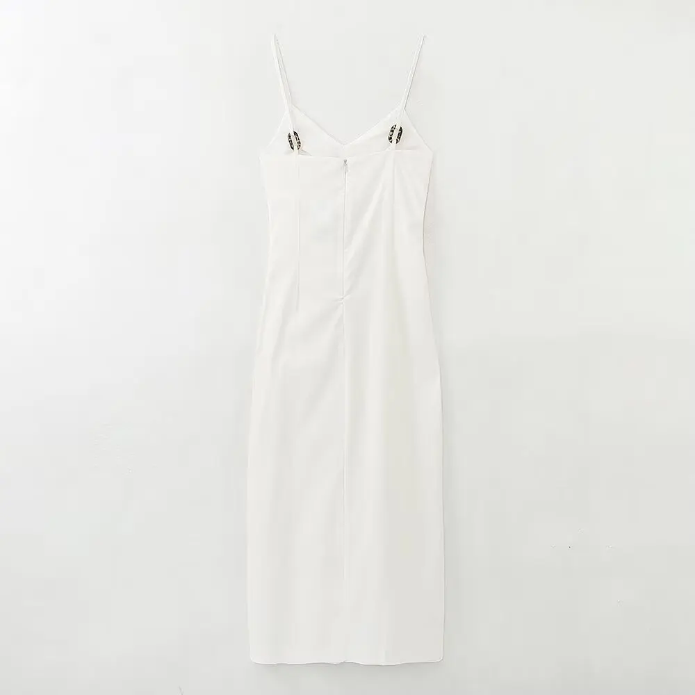 Abito longuette bianco da donna elegante con spacco increspato Abito longuette nuova moda estate 2025 Abito tubino casual chic per le vacanze