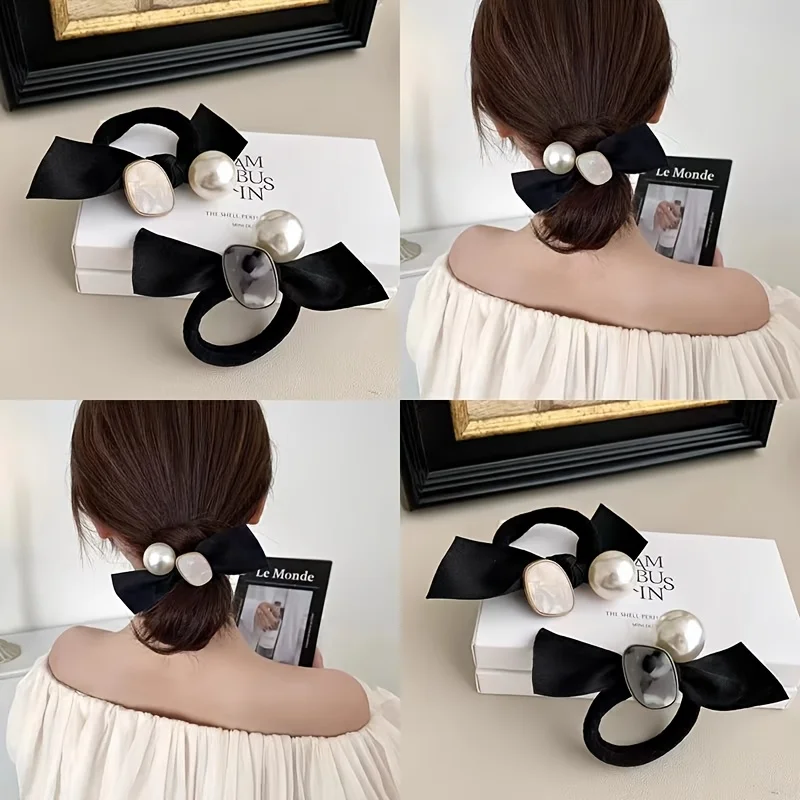 

[Pack of 2] 2026 Korean version, new pearl bow hair band women's headrope 2026 new head flower high elasticity and durability hair tie rubber band simple temperament pearl bow hair band women's headrope, the first choice for dating hair accessories