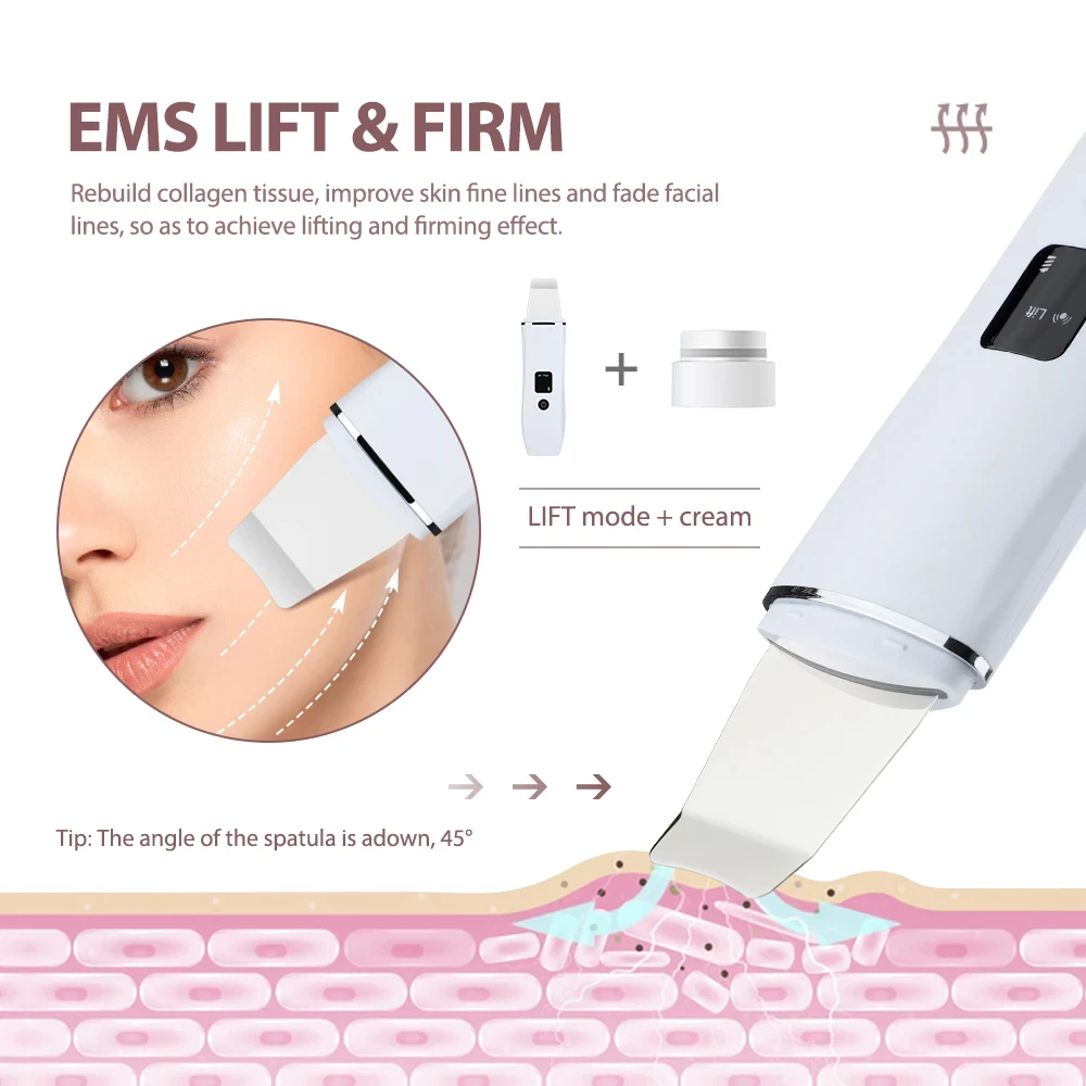 Ultrasonic Skin Scrubber Blackhead Remover, Limpador Facial, 4 Modos, Peeling Pá, Face Lifting Tool, EMS Espátula, Limpeza Profunda