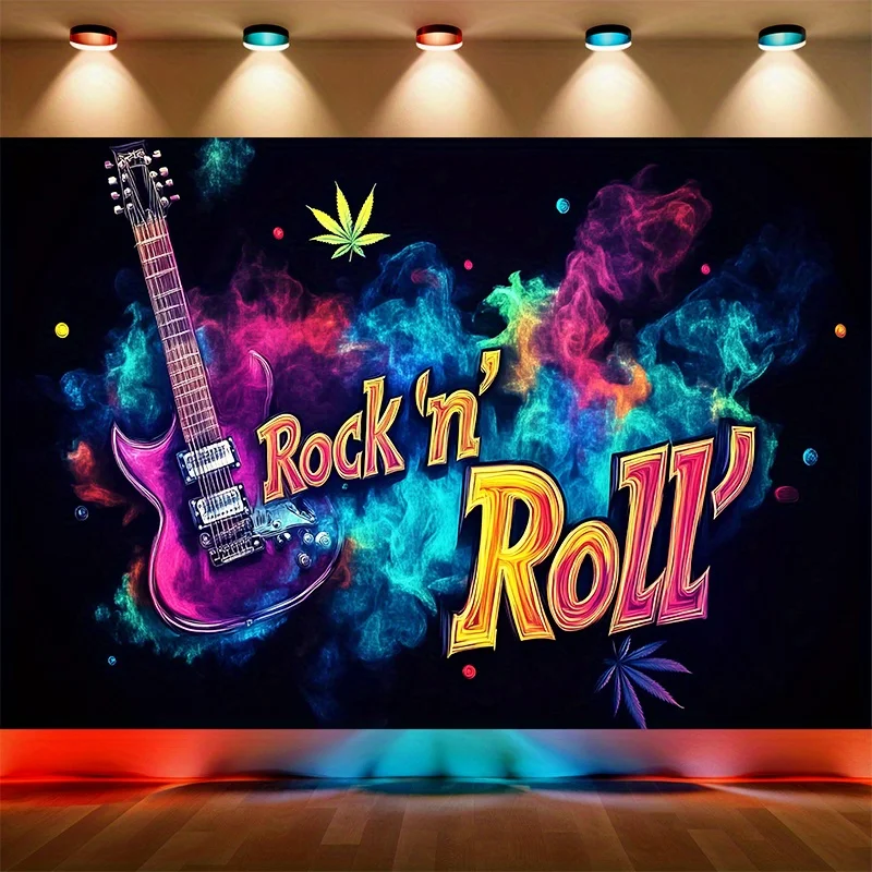 Rock n Roll Tapestry, Psychedelic Guitar Wall Hanging,  Smoke Art Dorm Decor, Colorful Music Bedroom Blanket for Men