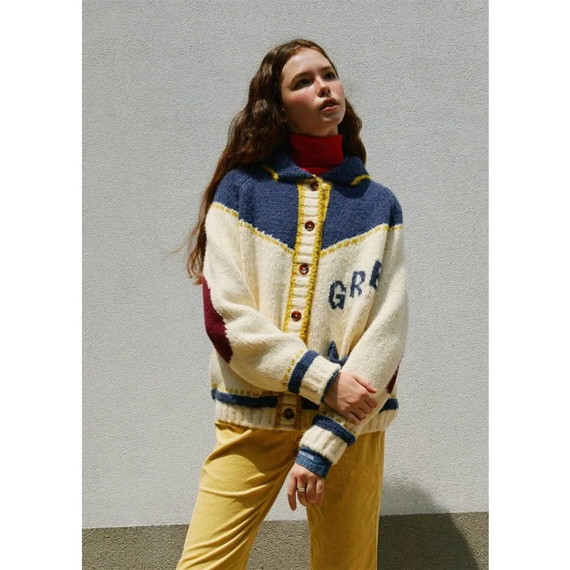 

GRE@ American Girls' Knitted Cardigan Retro Style Contrasting Color Medium Long Sweater Jacket for Women 2025