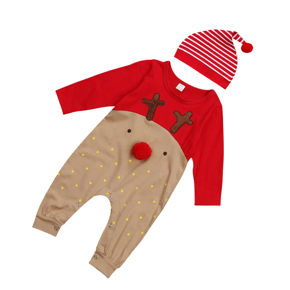 

Newborn Baby Boys Girls Christmas Long Sleeve Red Nose Cartoon Reindeer Pajama Jumpsuit Stripe Hat Bodysuit Set Suitable for 0-6