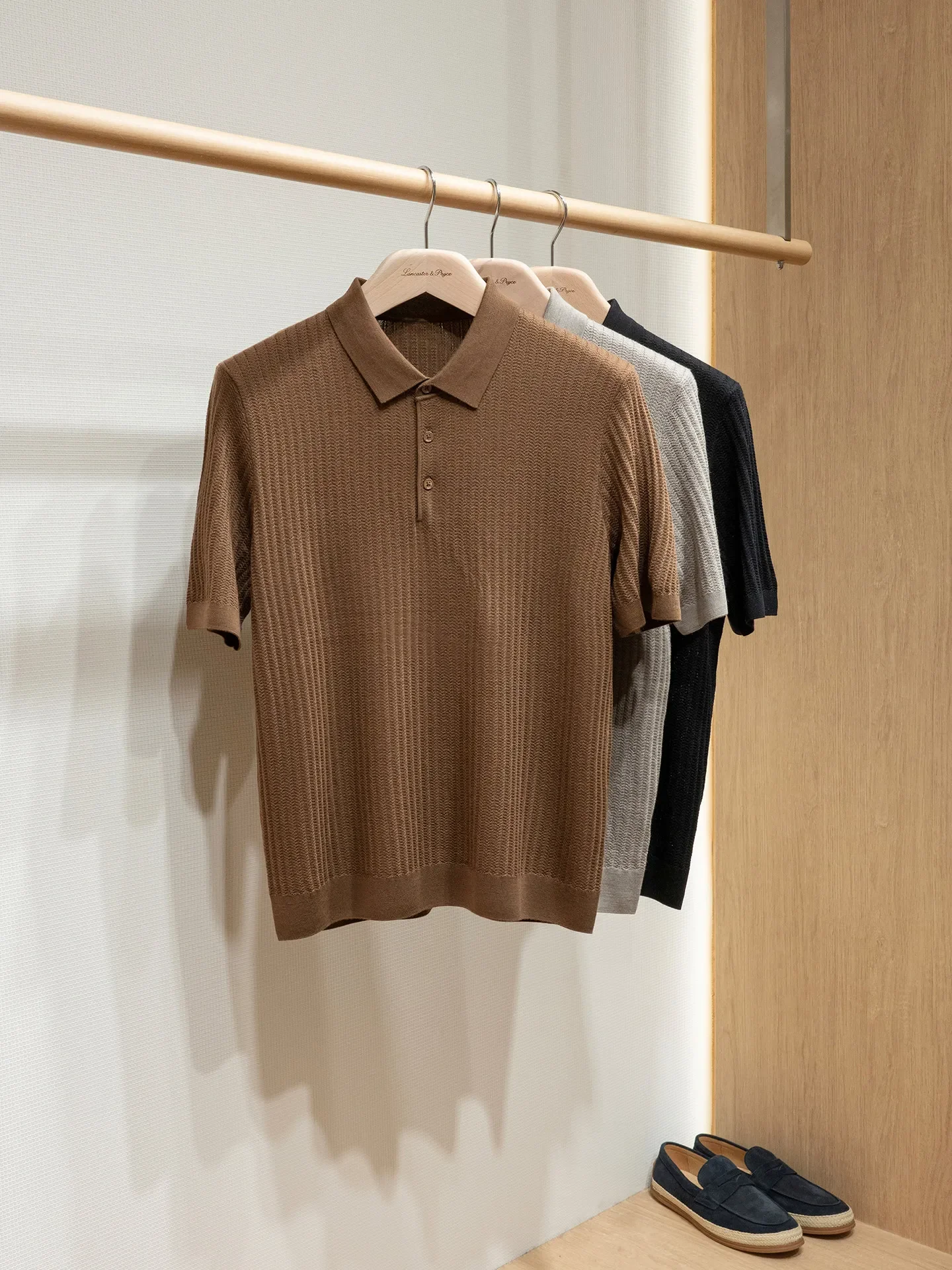 

[High-end old money style] 16 micron worsted wool custom-woven jacquard, men's lapel knitted short-sleeved POLO shirt