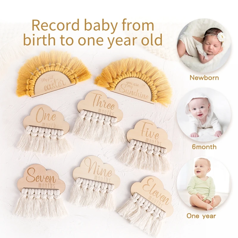 8pcs/set Wooden Baby Milestone Cards Cloud Sun Tassel Milestone Memorial Monthly Baby Commemorativenir Newborn Photo Accessories