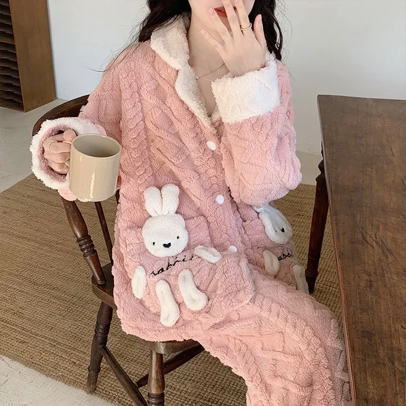 Famale-Pijama de terciopelo Coral para mujer, ropa de estar por casa de felpa gruesa, traje de mantener el calor, conjunto de ropa de dormir para