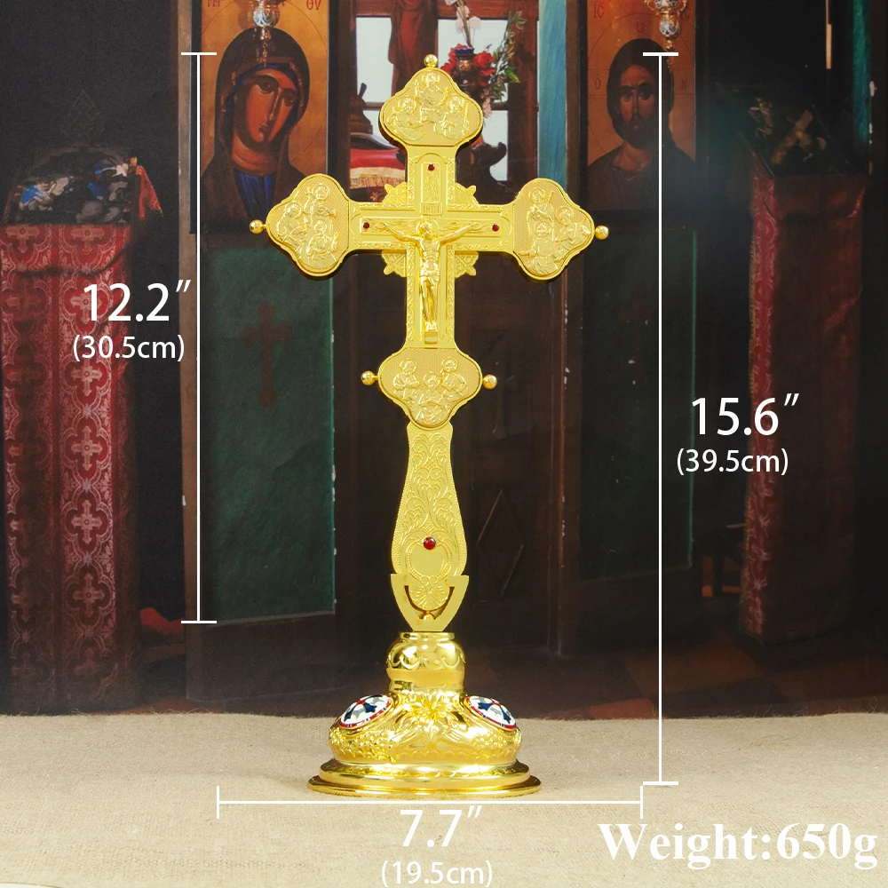 HTISOK Russian Orthodox Cross Jesus Crucifix Gold Plated Zinc Alloy Church Standing Cross Church Decoration Religious Rituals