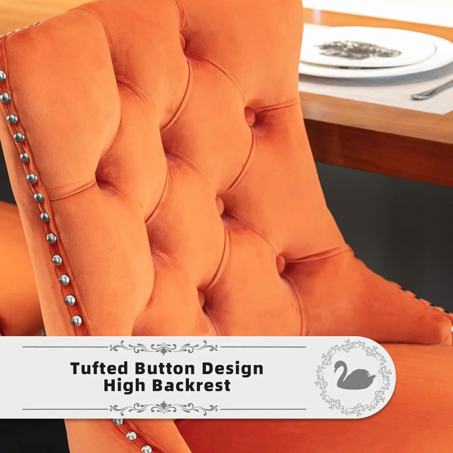 Conjunto de 2 bancos de bar de veludo com encosto, pernas de madeira, anel de metal, altura de balcão (laranja)