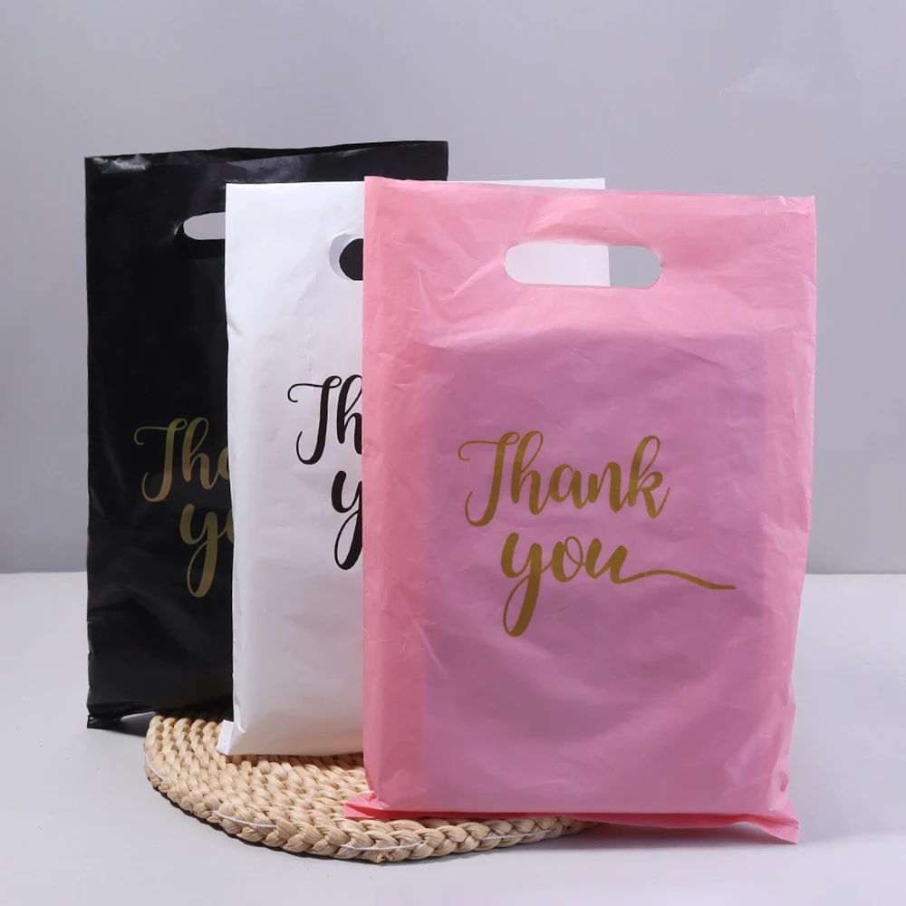 20 قطعة شكرًا لك حقيبة تسوق بلاستيكية مع مقبض بولي يموت قطع البلاستيك البضائع هدية حقيبة هدية للشركات الصغيرة بالتجزئة