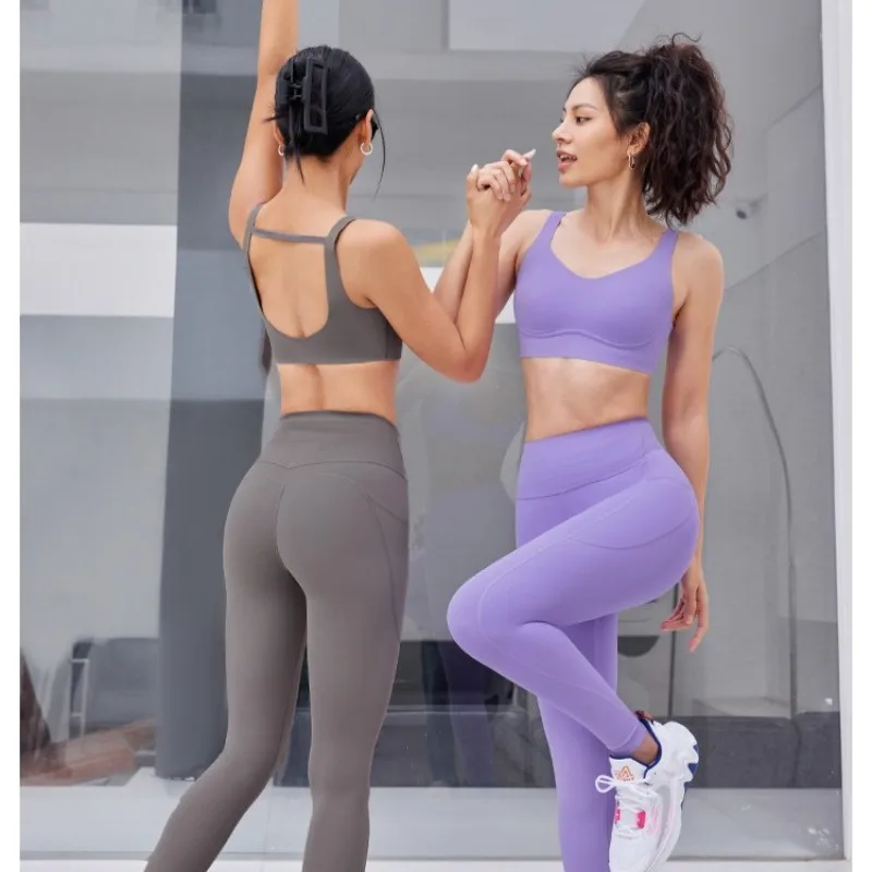 

Yoga Shock-proof Gathering One-word Beauty Back Top Women's High Hip Lift Abdomen Waist Outdoor Fitness Training Suit Set