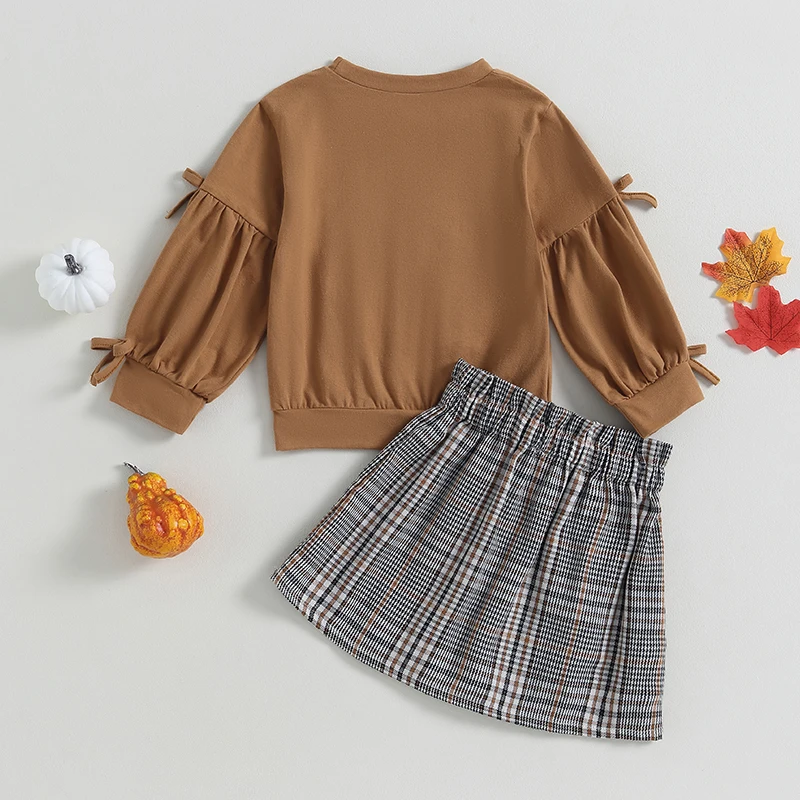 Adorable Toddler Girl Autumn Ensemble with Pumpkin Print Crew Neck Sweatshirt and Plaid Skirt - 2 Piece Halloween Outfit Set