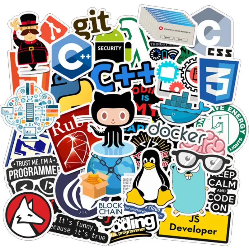 50pcs Internet Programming Stickers Python Java Geek Php Docker Html Bitcoin Vinyl Decals Laptop Phone Kids Sticker Toy Gift