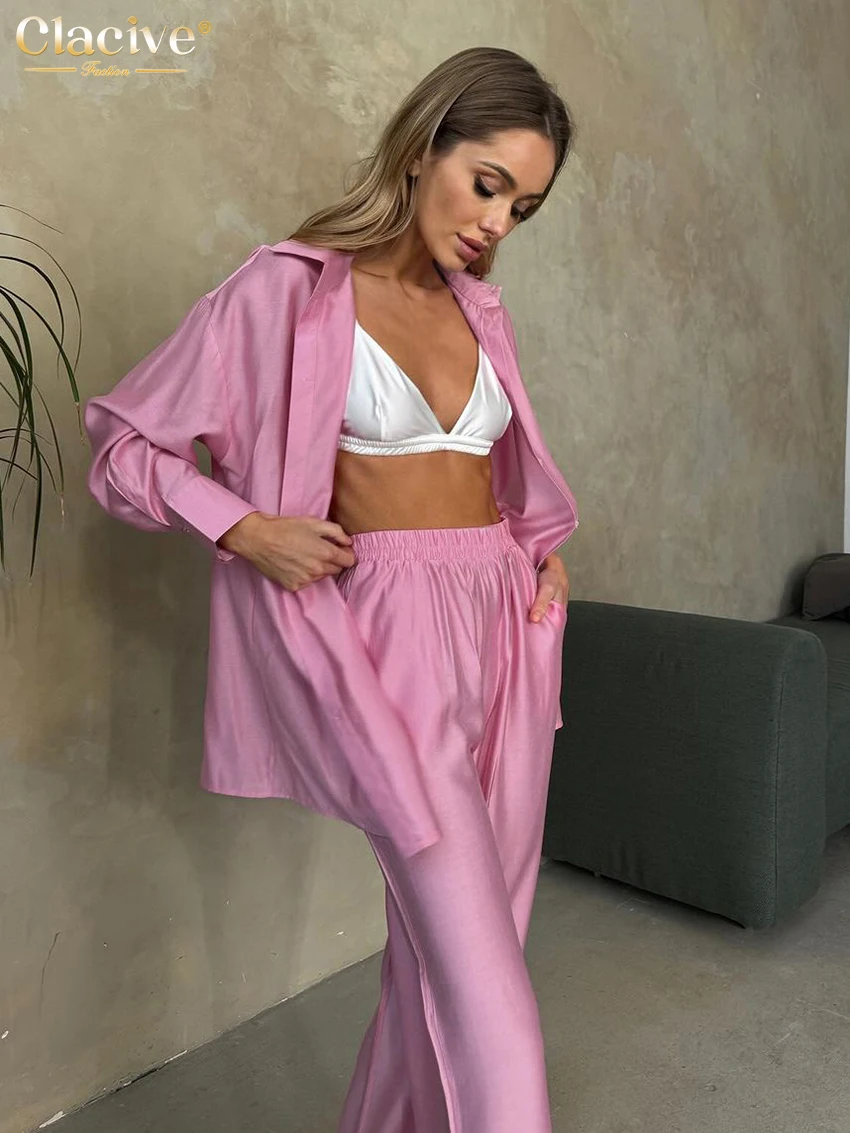 Clacive Fashion Loose Pink Trousers Sets For Women 2 Pieces Elegant Long Sleeve Shirts With High Waist Wide Pants Set Female