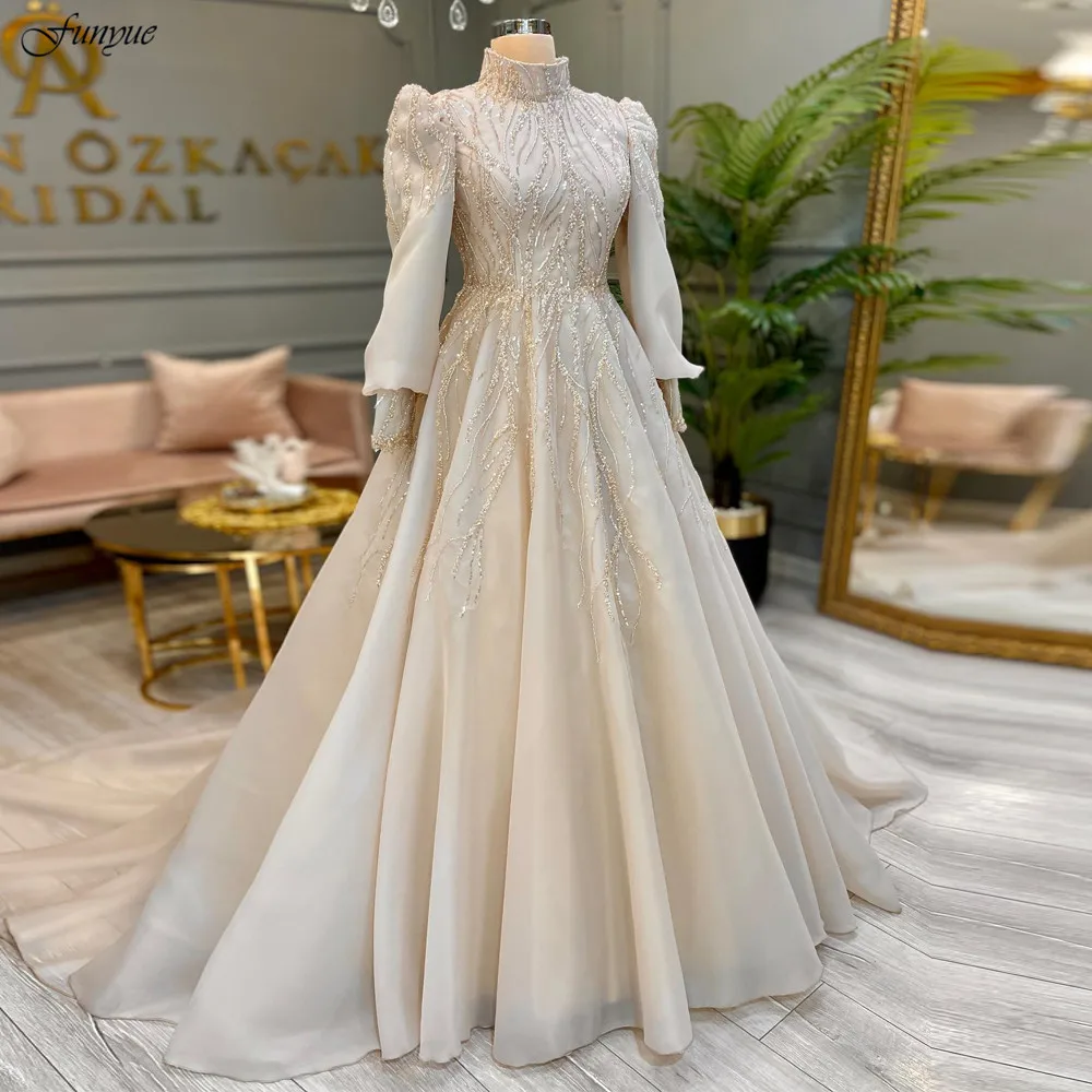 Funyue Luxury Dubai Muslim High Neck Wedding Dresses For Woman Beige Puff Sleeve Sparkly Beads Arabic Wedding Party Gowns 2025